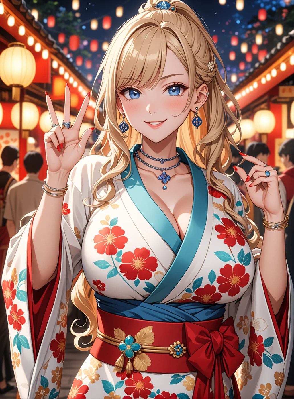 ((One personの女性)), Beautiful Face, (Laugh shyly), ((smirk:1.3)), ((Wink:1.4)), (Tilt your head:1.3), View your viewers, ((Bright red cheeks:1.6)),Glossy Red Lips, ((Big Breasts:1.4)) night, Shrine festival stalls,firework , (Shining Face), ((Anime style background)),masterpiece, Highest quality, so beautiful,Latest, Complex details, (Pink long nails), (nail art), (ring),(bracelet), (ring helix piercing:1.7), (Floral Choker),AI-generated, Complex,High resolution, Highest quality, super high quality,3D Images、3D Images,One person,Blonde long hair,(High Ponytail), (Wavy Hair), Anime woman posing for a photo, ((fine grain、blue eyes、Shining Eyes:1.4)), (Squint your eyes:1.1),a hyperRealistic , hyperRealistic , Realistic,Long blonde anime woman, Smooth anime CG art, Pink large floral patternの刺繍が入った、Woman in luxurious kimono, ((White long-sleeved kimono)),(Pink large floral pattern) ,Long flower hair ornament,Earrings,Mature Body, expensive,Abdominal muscles,Tight waist, ((Making a peace sign)),(Face Focus:1.3), (Front view),