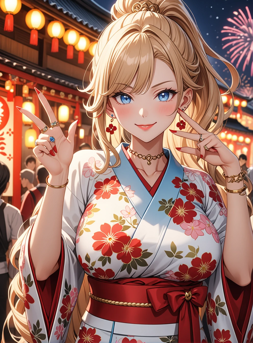 ((One personの女性)), Beautiful Face, (Laugh shyly), ((smirk:1.3)), ((Wink:1.4)), (Tilt your head:1.3), View your viewers, ((Bright red cheeks:1.6)),Glossy Red Lips, ((Big Breasts:1.4)) night, Shrine festival stalls,firework , (Shining Face), ((Anime style background)),masterpiece, Highest quality, so beautiful,Latest, Complex details, (Pink long nails), (nail art), (ring),(bracelet), (ring helix piercing:1.7), (Floral Choker),AI-generated, Complex,High resolution, Highest quality, super high quality,3D Images、3D Images,One person,Blonde long hair,(High Ponytail), (Wavy Hair), Anime woman posing for a photo, ((fine grain、blue eyes、Shining Eyes:1.4)), (Squint your eyes:1.1),a hyperRealistic , hyperRealistic , Realistic,Long blonde anime woman, Smooth anime CG art, Pink large floral patternの刺繍が入った、Woman in luxurious kimono, ((White long-sleeved kimono)),(Pink large floral pattern) ,Long flower hair ornament,Earrings,Mature Body, expensive,Abdominal muscles,Tight waist, ((Making a peace sign)),(Face Focus:1.3), (Front view),