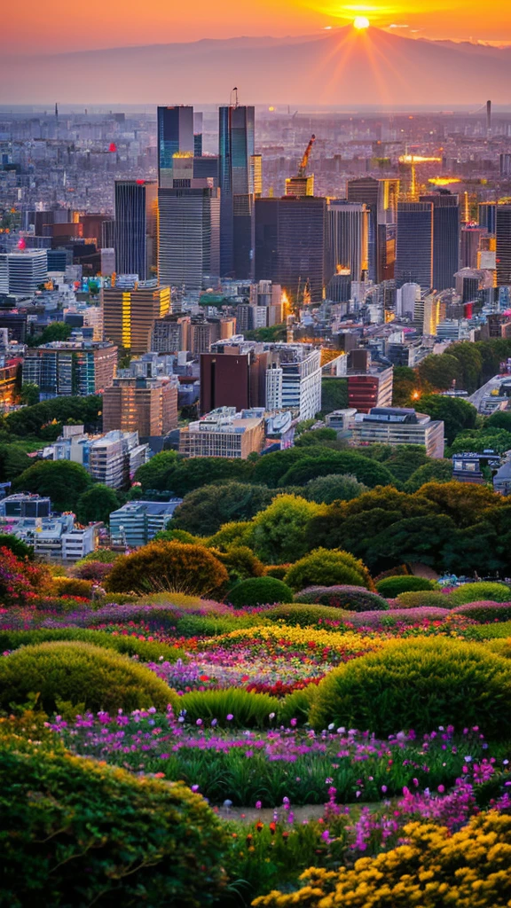 a view of a city with tall buildings and a green park, a picture by Naondo Nakamura, unsplash, sōsaku hanga, tokyo japan, arafed view of a field of flowers with a sunset in the background, floral sunset, warm beautiful scene, beautiful sunrise, flowers sea everywhere, sunset warm spring, beautiful sunset, magnificent background, vibrant sunrise, beautiful sunset glow, breathtaking landscape, stunning sunset, field of flowers, at sunrise in springtime, sunset glow, beautiful sunrise lighting, flower field, sunset sunrise tokyo city, tokyo city in the background, tokio, tokyo, japanese city, tokyo prefecture, new tokyo, aerial view of a city, tokyo in the background, bird's eye view of a city
