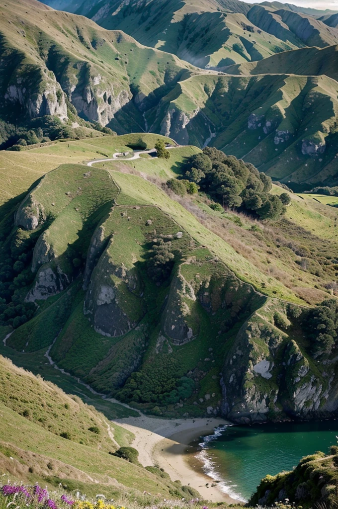 a breathtaking landscape of new zealand, lush green hills, vibrant wildflowers, picturesque forests, dramatic cliffs, golden sunlight, atmospheric mist, cinematic composition, photorealistic, highly detailed, masterpiece, 8k, HDR, vivid colors, dramatic lighting, serene and peaceful atmosphere