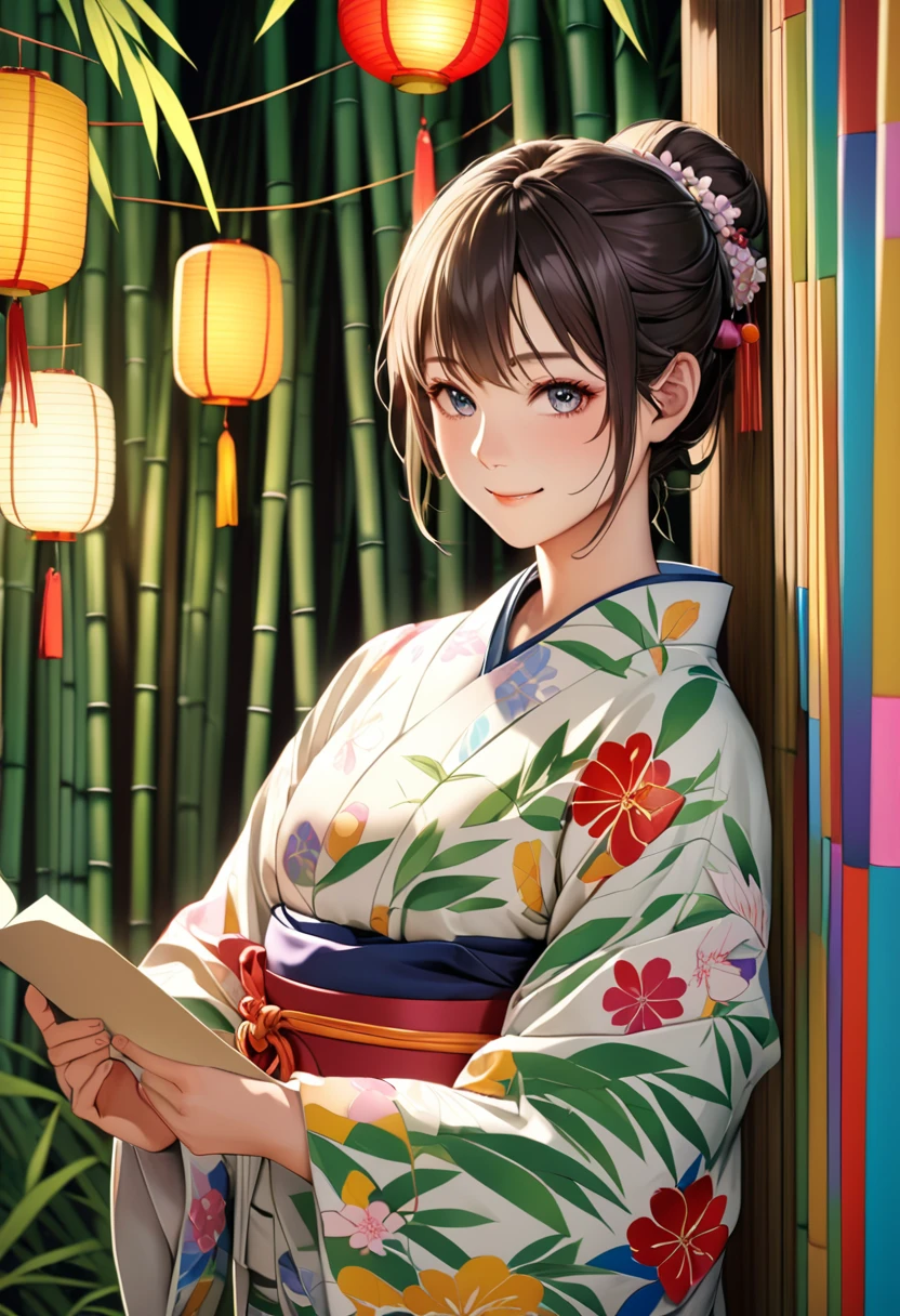 (masterpiece, 8K, Absurd, Digital Art, Digital Illustration, Realistic, Very detailed, Realistic lighting), (Perfect Face, Perfect Eyes, Perfect body), male,1 person、Miyabi、Tanabata Festival Night、若いmale性が笹の葉に短冊を結んでいます。She wears a traditional yukata、I'm smiling happily。The background is full of colorful strips of paper and decorations.、A gentle light illuminates the surroundings、It creates a bright and festive atmosphere for the festival.。The light filtering through the bamboo leaves highlights the woman's smile.。