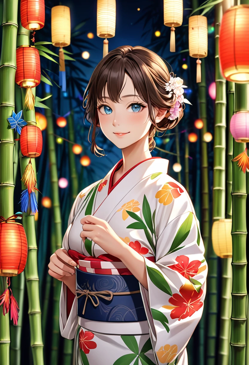 (masterpiece, 8K, Absurd, Digital Art, Digital Illustration, Realistic, Very detailed, Realistic lighting), (Perfect Face, Perfect Eyes, Perfect body), male,1 person、Miyabi、Tanabata Festival Night、若いmale性が笹の葉に短冊を結んでいます。She wears a traditional yukata、I'm smiling happily。The background is full of colorful strips of paper and decorations.、A gentle light illuminates the surroundings、It creates a bright and festive atmosphere for the festival.。The light filtering through the bamboo leaves highlights the woman's smile.。