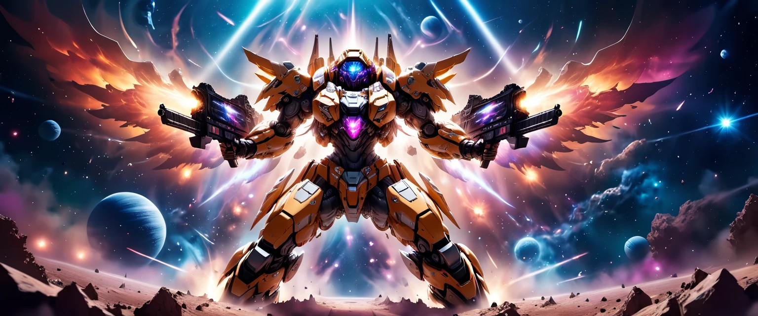 a female mech warrior in battle on a moon in space, full body shot, action shot, a tough and beautiful female mech warrior, short blond hair, dynamic eye color, intent gaze, ultra detailed face, best detailed face, she wears mech armor, and massive sci-fi gun, in battle, outer space background, stars, vibrant, Ultra-high resolution, High Contrast, (masterpiece:1.5), highest quality, Best aesthetics), best details, best quality, highres, (ultra wide angle: 1.2), 16k, ultra detailed, masterpiece, best quality, (extremely detailed),aetherpunkai, Mechanical Creatures, assault rifle