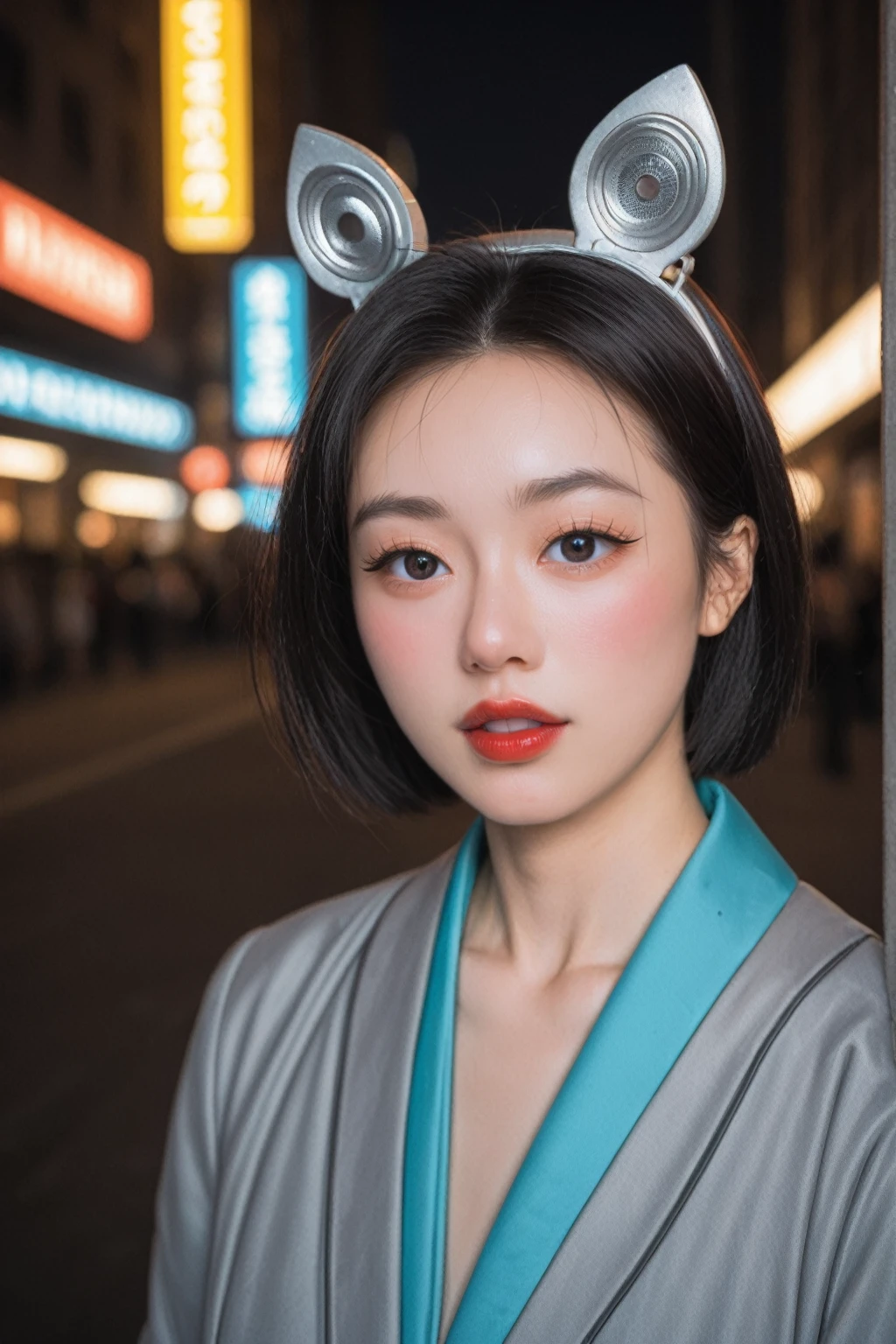 realistic,score_9, score_8_up, score_7_up,
In this futuristic CG wallpaper masterpiece set in the year 4096, a mature female Kpop idol stands on a bustling, neon-lit street. Captured by a Nikon D750 with a f/1.4 55mm lens, her dynamic pose and advanced lighting techniques, including photon mapping and radiosity, create an ultra-realistic and highly detailed effect. She stares intently at the viewer, her blush highlighting her lustrous, oil-like skin. Her face is intricately detailed, featuring wavy gray hair and a sophisticated style, exuding aegyo sal with puffy eyes, long eyelashes, parted lips, and red lipstick. Her broad shoulders and medium breasts are subtly revealed beneath her futuristic attire, which includes animal ears, thigh-highs, and a silk coat inspired by Song Dynasty clothing. Her curvaceous figure is elegantly accentuated by her attire, completing her striking and mature presence in this advanced, neon-drenched urban landscape.