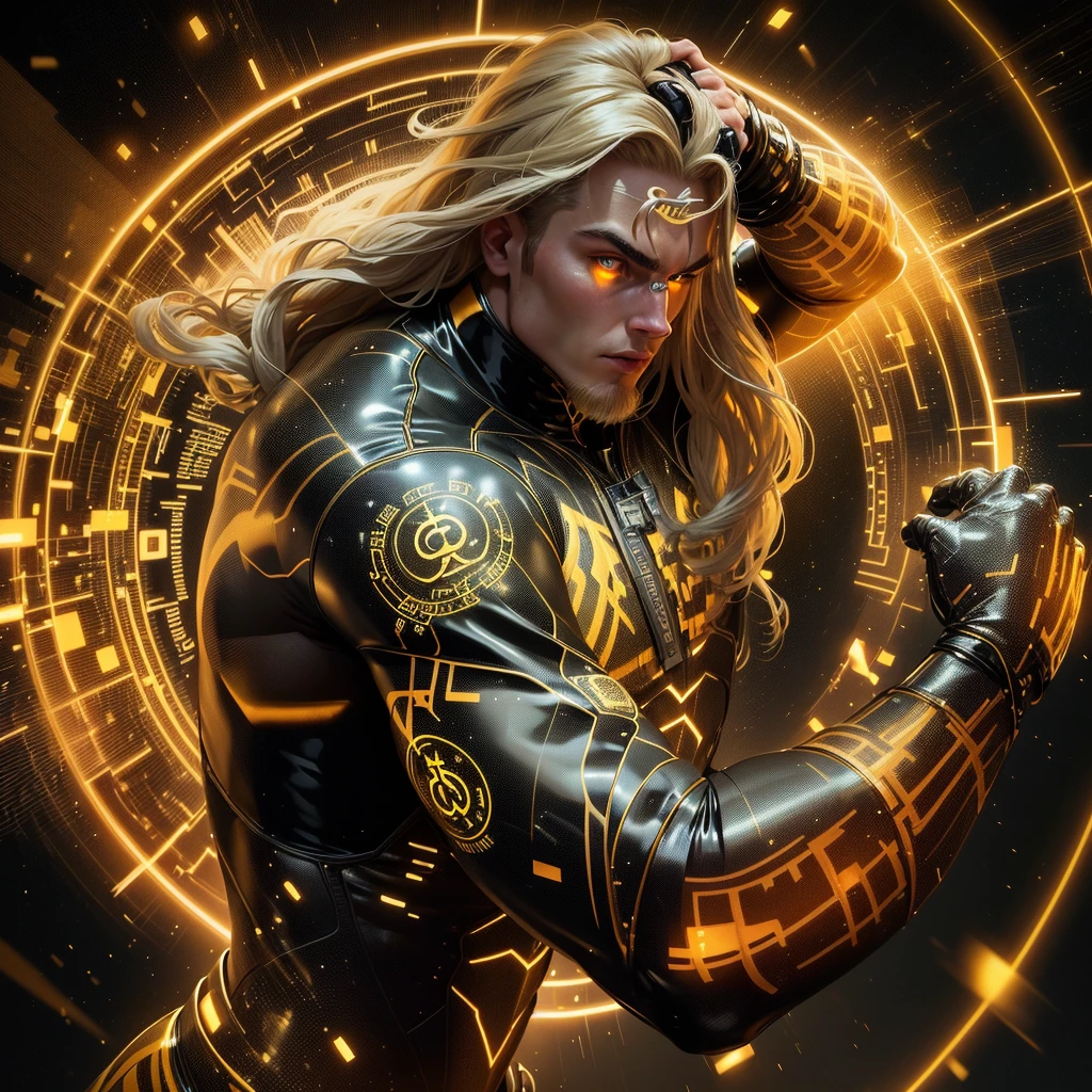 A muscled young beauty man wearing dark gray latex with brilliant yellow hologram ancient unknown characters projected by the suit on the air around him. He has a very long blonde and golden hair. Ultrarealistic Art in 4k. He IS running on a speed light and left behind him E=MC2 and 299 792 458 floating on the air.