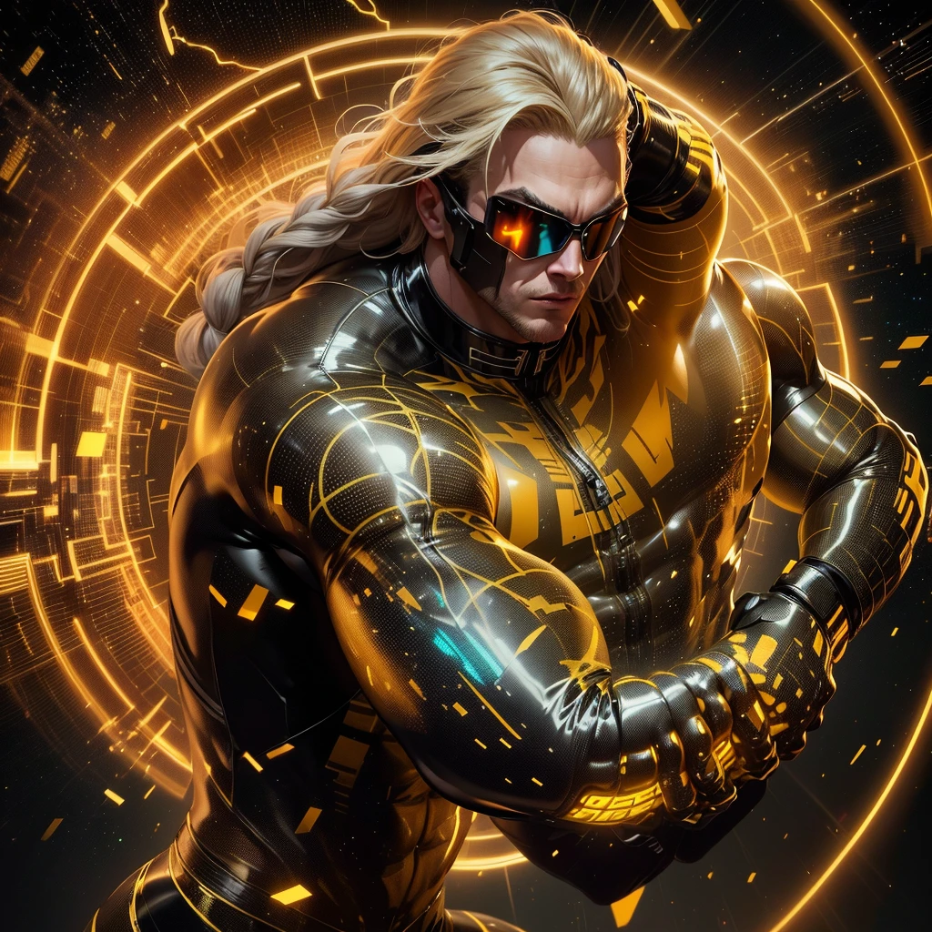 A muscled young beauty man wearing dark gray latex with brilliant yellow hologram ancient unknown characters projected by the suit on the air around him. He has a very long blonde and golden hair. Ultrarealistic Art in 4k. He IS running on a speed light and left behind him E=MC2 and 299 792 458 floating on the air.