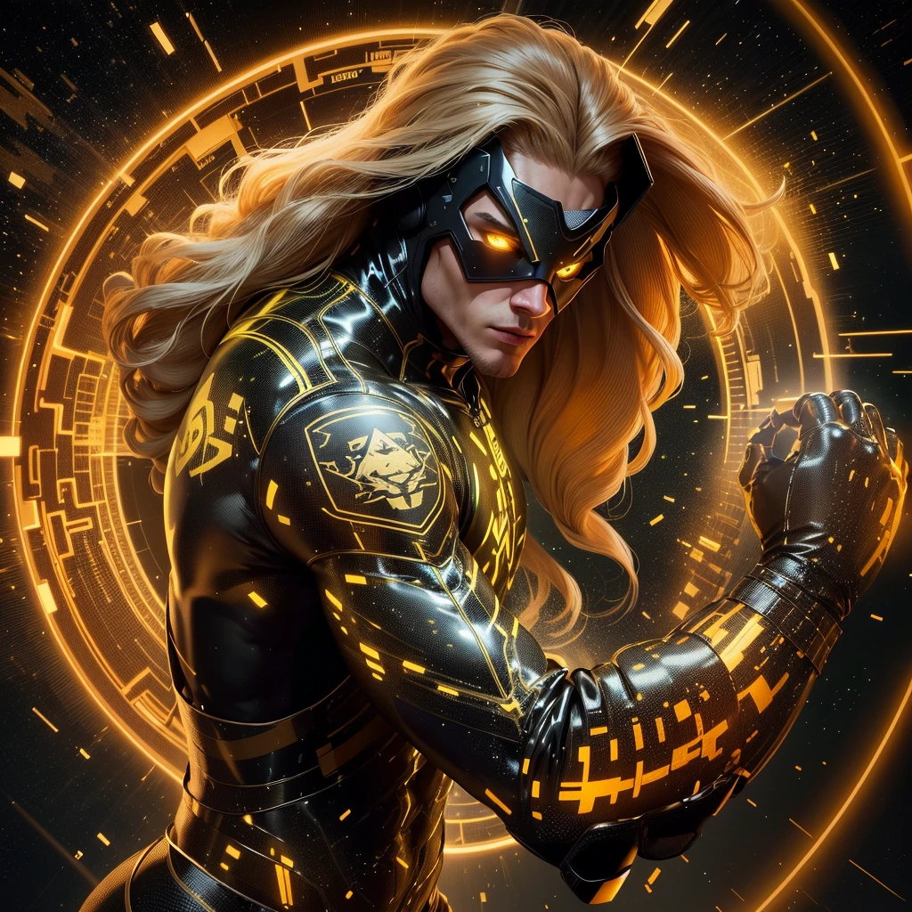 A muscled young beauty man wearing dark gray latex with brilliant yellow hologram ancient unknown characters projected by the suit on the air around him. He has a very long blonde and golden hair. Ultrarealistic Art in 4k. He IS running on a speed light and left behind him E=MC2 and 299 792 458 floating on the air.