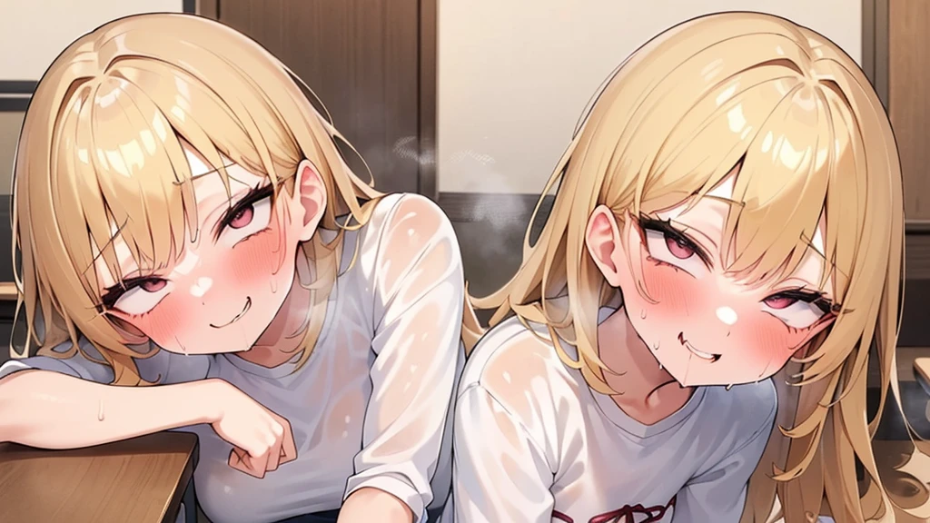 A short girl, girl wearing a oversized plain White T-shirt seduces viewer
 , (evil smile:1.2),, tan skin, Saucy, blush,
absurd-resolution, ultra-detailed, best quality, cute illustration, (((Oily skin、Shiny skin、sweat,wet,Vulgarity))), ((steam))、(full shot:1.8),whole body、in the class room in Japan,eating ice