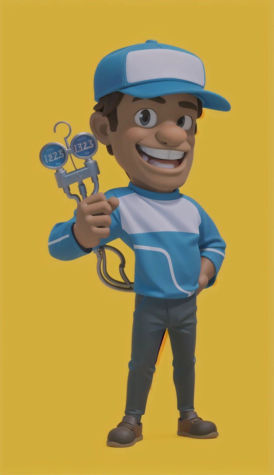 3d, Masterpiece artwork, disney pixar style man holding a pressure gauge, ebony skin, wearing cap, great smile, glad, long sleeve shirt, mascote de corpo inteiro, official character illustration, wearing plumber uniform, Mascot Illustration, detailed illustration, caricature, promotional rendering, bright coloured, rgb