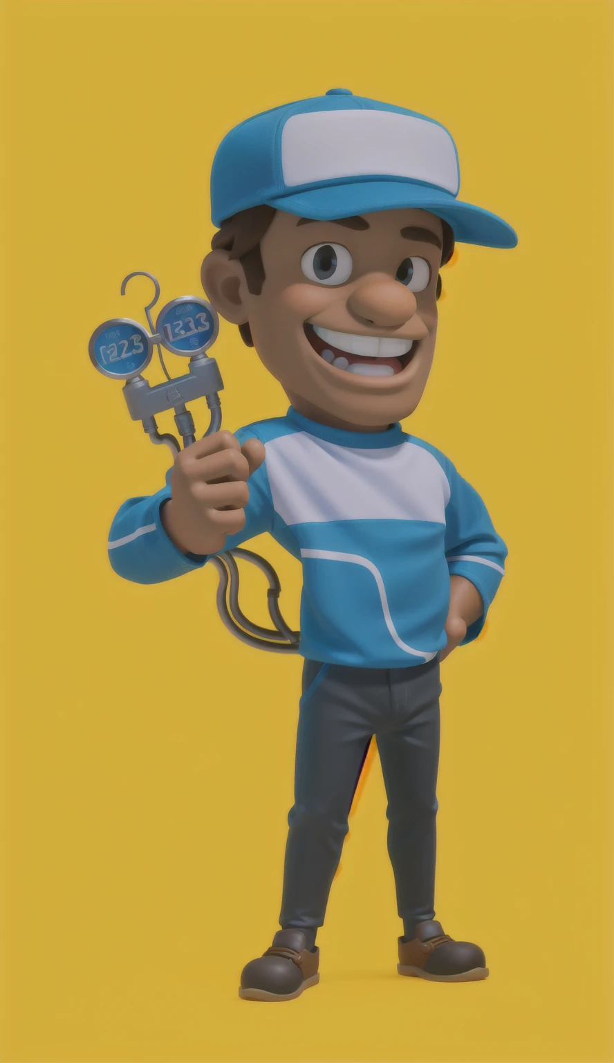 3d, Masterpiece artwork, disney pixar style man holding a pressure gauge, ebony skin, wearing cap, great smile, glad, long sleeve shirt, mascote de corpo inteiro, official character illustration, wearing plumber uniform, Mascot Illustration, detailed illustration, caricature, promotional rendering, bright coloured, rgb