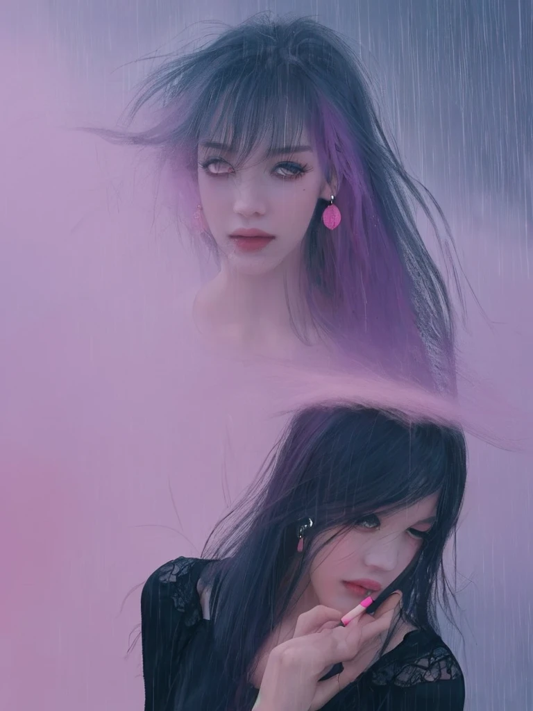 rain,Beauty,High nose,目にLight,Pink Lips,pastel colour,purple,Dull pink,Dull Blue,heart,Light,Strong winds,Fluttering Hair,Earrings,Smoke a cigarette,cigarette,目にLight,Black Dress,Black lace,Black Hair,Inner color hair,woman,cute,anime