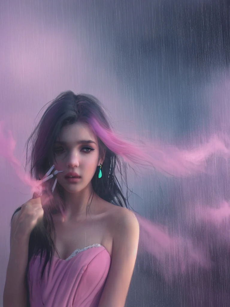 rain,Beauty,High nose,目にLight,Pink Lips,pastel colour,purple,Dull pink,Dull Blue,heart,Light,Strong winds,Fluttering Hair,Earrings,Smoke a cigarette,cigarette,目にLight,Black Dress,Black lace,Black Hair,Inner color hair,woman,cute,anime
