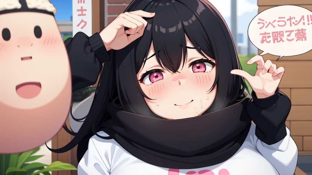 One girl,Black Hair,Pink eyes,(blush:1.1)、Embarrassed face、 ((Heavy breathing:1.3)), like, smile、Big Breasts、whole body,I'm eating ice cream