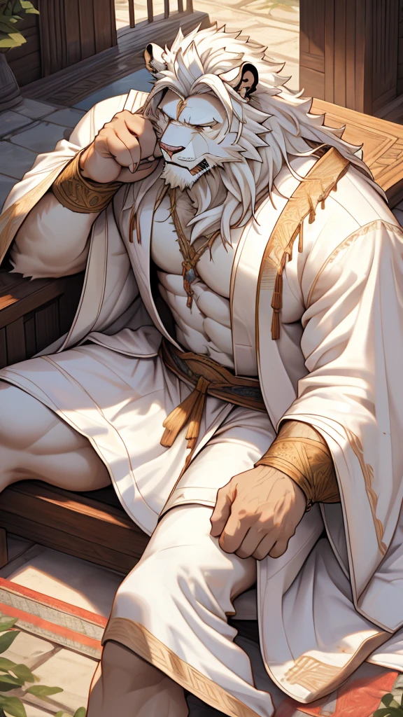 (masterpiece),(highres),(intricate details:1.4),extremely detailed,(illustration:1.2),8k,photorealistic,exquisite,solo, (Bold perspective),aged,elder male lion ,muscular, (Ancient Greek mythological style;1.8)(white robe:1.6),manhood,safeguard,(white hair:1.3),long hair,long white beard,scar,(badly damaged),(sacrifice),hurt,broken body ,(bleeding) ,(killed by his brother:1.9),naked body 