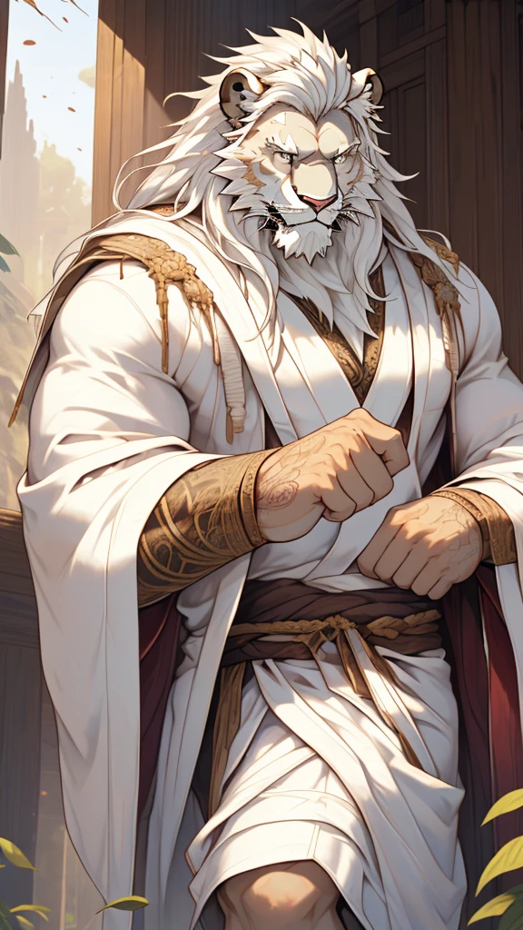 (masterpiece),(highres),(intricate details:1.4),extremely detailed,(illustration:1.2),8k,photorealistic,exquisite,solo, (Bold perspective),aged,elder male lion ,muscular, (Ancient Greek mythological style;1.8)(white robe:1.6),manhood,safeguard,(white hair:1.3),long hair,long white beard,scar,(badly damaged),(sacrifice),hurt,broken body ,(bleeding) ,(killed by his brother:1.9),naked body