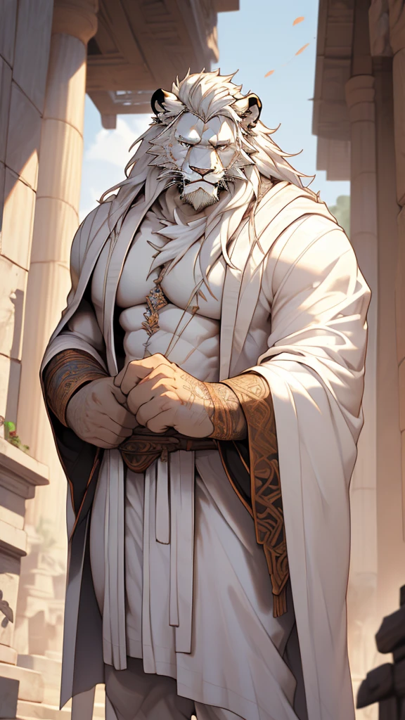 (masterpiece),(highres),(intricate details:1.4),extremely detailed,(illustration:1.2),8k,photorealistic,exquisite,solo, (Bold perspective),aged,elder male lion ,muscular, (Ancient Greek mythological style;1.8)(white robe:1.6),manhood,safeguard,(white hair:1.3),long hair,long white beard,scar,(badly damaged),(sacrifice),hurt,broken body ,(bleeding) ,(killed by his brother:1.9),naked body 