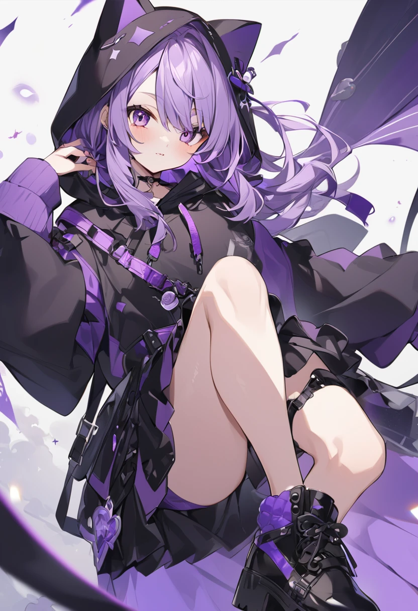 Keito。Purple Eyes。Purple Hair。Purple Skirt。Black shoes下。Black shoes。Purple hoodie