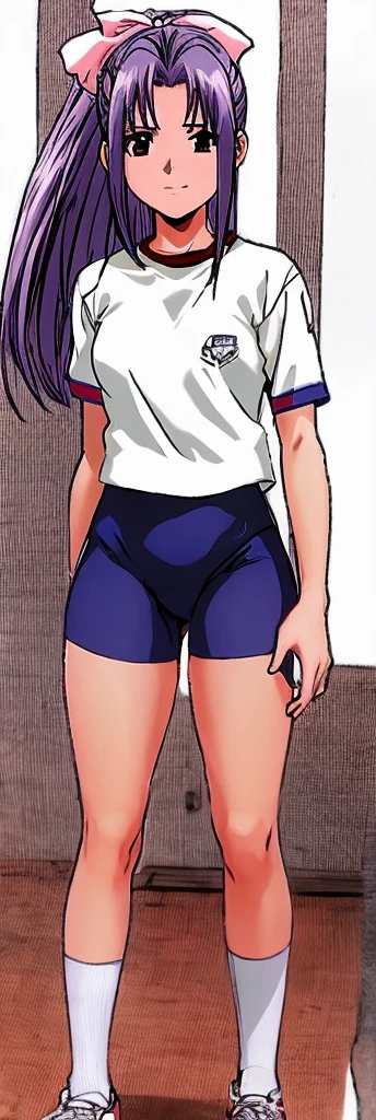 Momoko Koigakubo, a tall girl with beautiful legs, is wearing white gym clothes and light navy blue bloomers that look like panties, and is smiling as she stands with her legs spread to the sides, embracing a boy in a tracksuit next to her.。