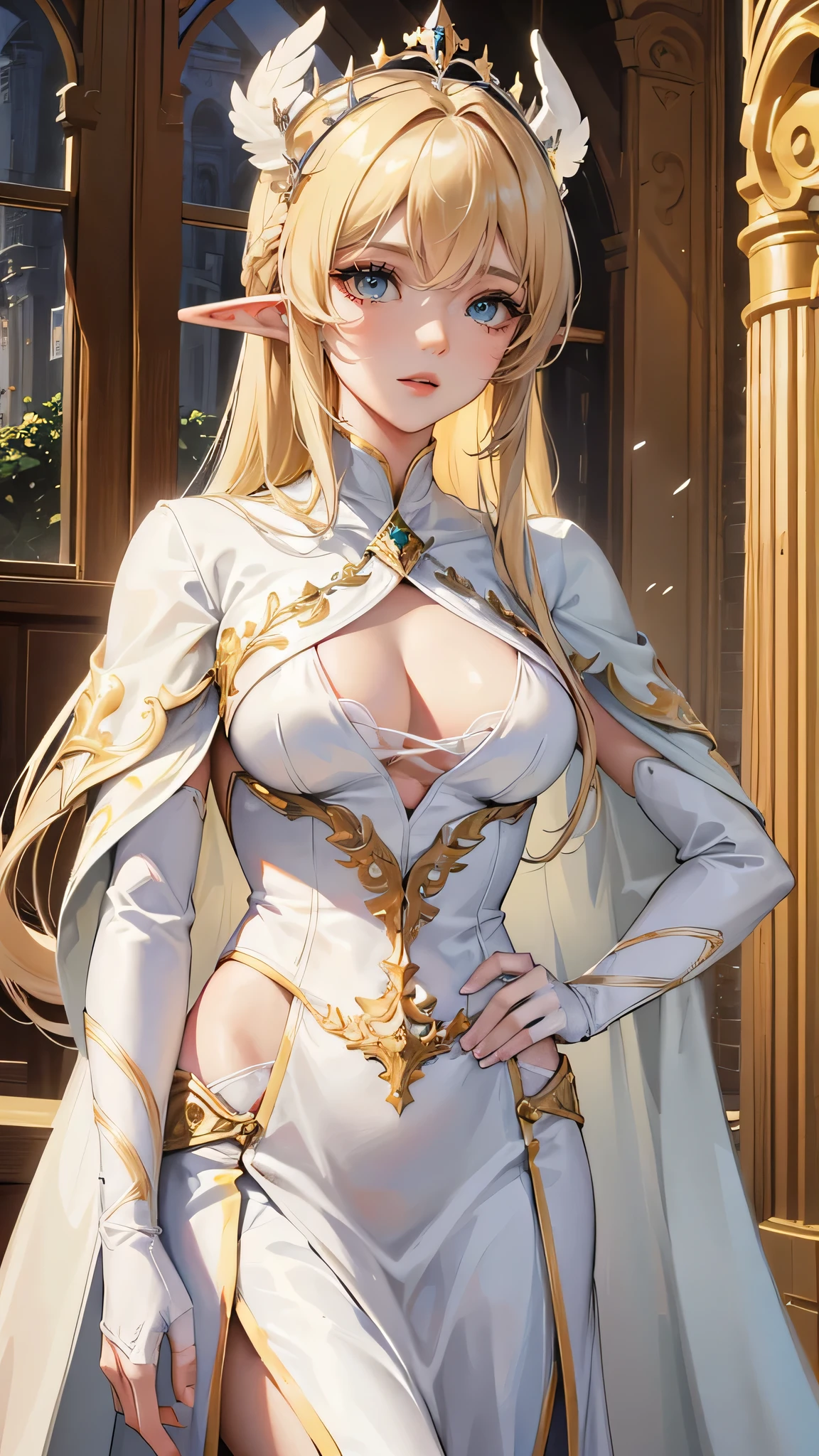 Photograph of the upper body of a beautiful woman, (nomal breasts, perfect body), Sharp focus, (proportional body , mature woman), ((Looking ahead)), (Highly detailed skin, hair follicles:1.4,),
( long hairstyles) blond hair, green eyes, angels , elf ears, fantasy (wear white cape), (white cloth), warriors , elegant, luxury, long skirts
wear accessories , wear crowns ,