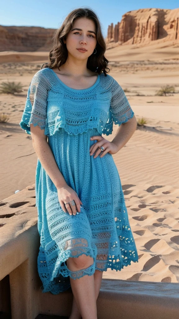 Chubby woman in a crochet midi dress sitting on a bench in the desert, Retrato de Sophie Mudd, Foto retrato 8K suave, graceful woman curvy medium body, 33 years old with medium length wavy black hair. sensual, suave e intrincado, ethereal beauty, close-up meio corpo, modelo jovem bonita, Anna Nikonova, also known as Newmilky, close up corpo disparado, mulher jovem sensual, belo rosto delicado, na areia, seios grandes, vestido caindo, Fotografia Glamourosa 4K