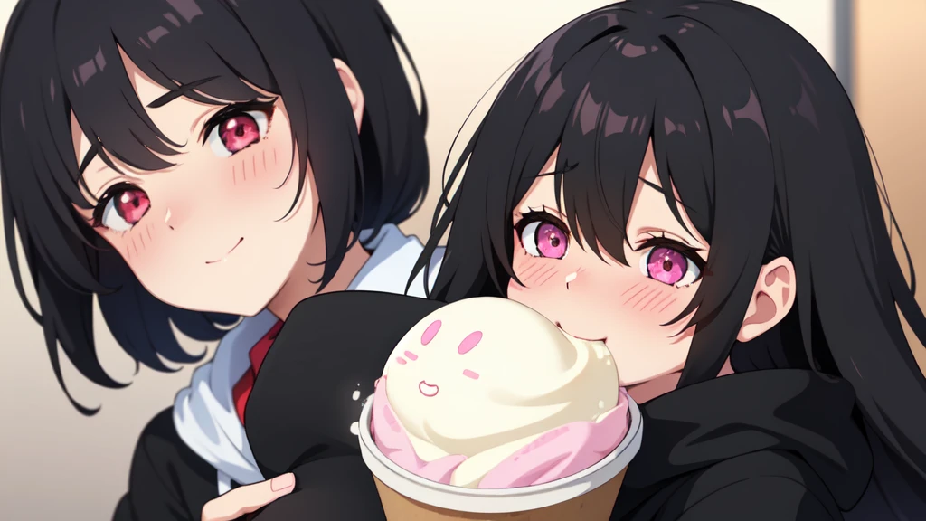 One girl,Black Hair,Pink eyes,(blush:1.1)、Embarrassed face、 ((Heavy breathing:1.3)), like, smile、Big Breasts、whole body,I'm eating ice cream
