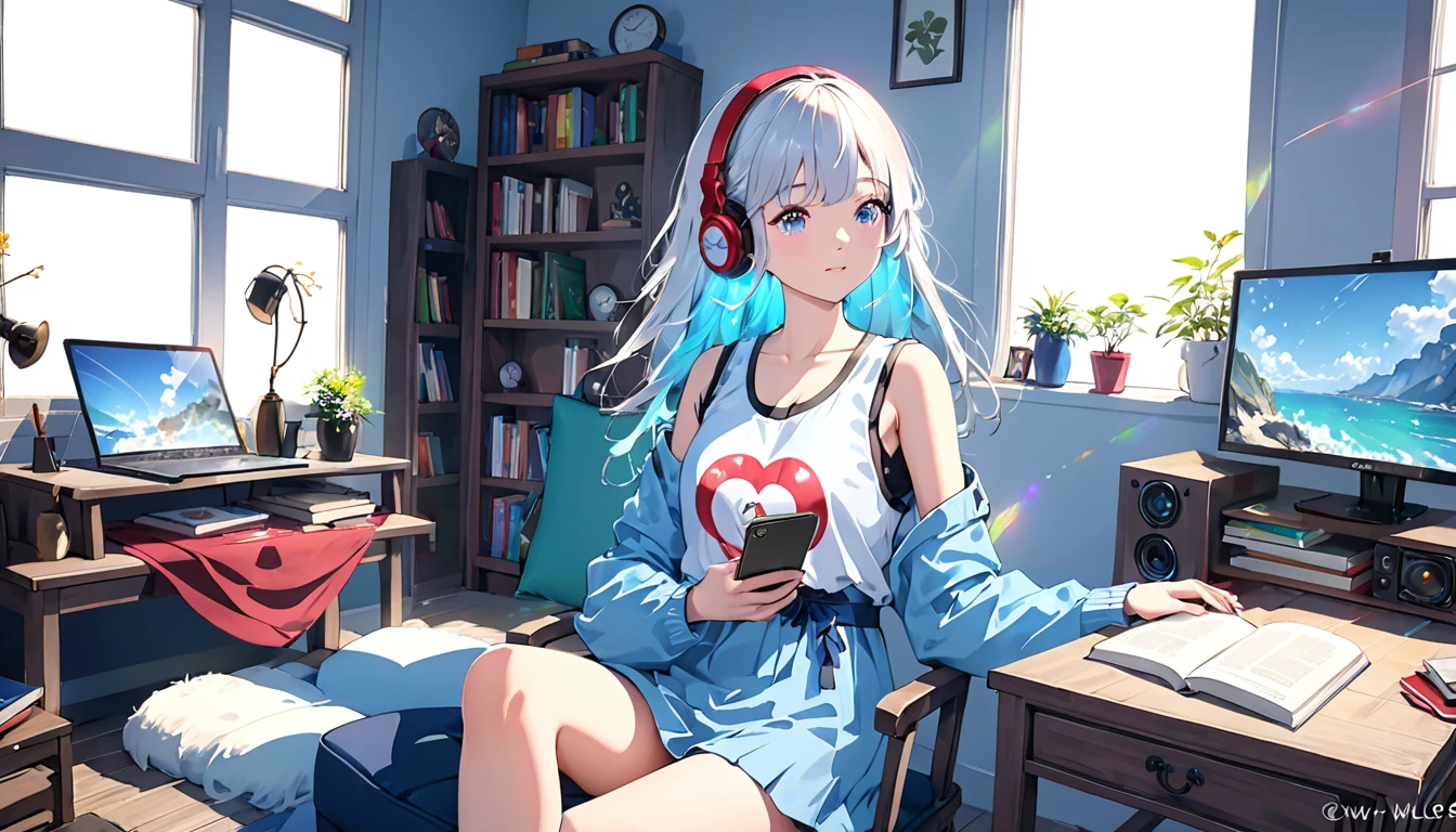 (Absurd:1.1, High resolution:1.1, 超detailed:1.1), 非常にdetailedな, 超detailed hair, (Fine grain:1.4), (Shining Eyes:1.3), thin, cute, Perfectly symmetrical face, narr○w waist, 超cute girl, 超cute face, 超cute, Super beautiful, Beautiful colors, merry (Yanmar gauge),From wlop,((Great quality)), (Beautiful legs), Sitting, smartphone, Upper body rest (Beautiful colors,detailed,Highest quality,Great quality,so beautiful), Book, Headphones, smartphone, computer, Tank top, Jersey, Chair, Lighting and Shadows(perspective), Lighting particles, colorful, masterpiece, Stylish room,