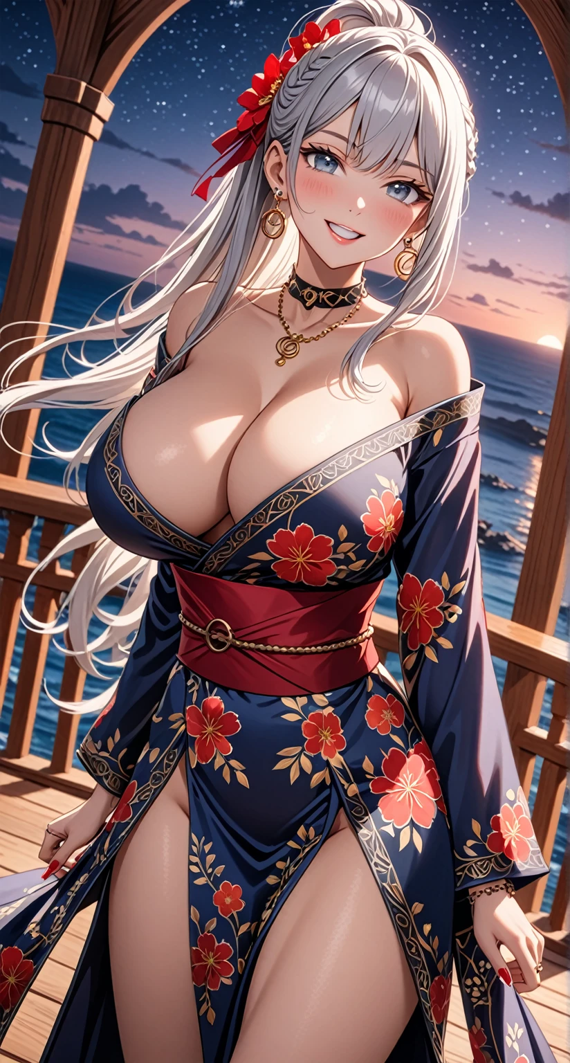 ((One personの女性)), Beautiful Face, (Laughing embarrassedly), (seductive smile:1.4), ((Wink:1.5)), ((head tilt:1.1)), Laugh with your mouth wide open, upper teeth, looking at viewer, (Doing sexy poses), ((full-face brash:1.4)), Glossy Red Lips, ((huge breasts:1.3)), night,Terrace with sea view, Starry Sky, Glossy pink lips, (Shining Face), ((Anime style background)),masterpiece, Highest quality, so beautiful,up to date, Complex details, (long nails of red color), (nail art), (ring),(bracelet),(Floral choker), (ring helix piercing:1.7), AI-generated, Complex,High resolution, Highest quality, super high quality,3D Images、3D Images,One person,Long white hair,High Ponytail, Anime woman posing for a photo, ((silver eyes:1.7)), ((Fine grain、Light blue eyes、Shining Eyes:1.4)), (Squint your eyes:1.1),a hyperRealistic , hyperRealistic , Realistic,Anime woman with long white hair, Smooth anime CG art, (A woman in a colorful kimono with gold embroidery), ((Black long sleeve kimono:1.3)), Red floral pattern,Long flower hair ornament,Floral Earrings,Mature Body,Tall,Abdominal muscles,Tight waist, (full body), ((face focus:1.3)), (dutch angle:1.2),