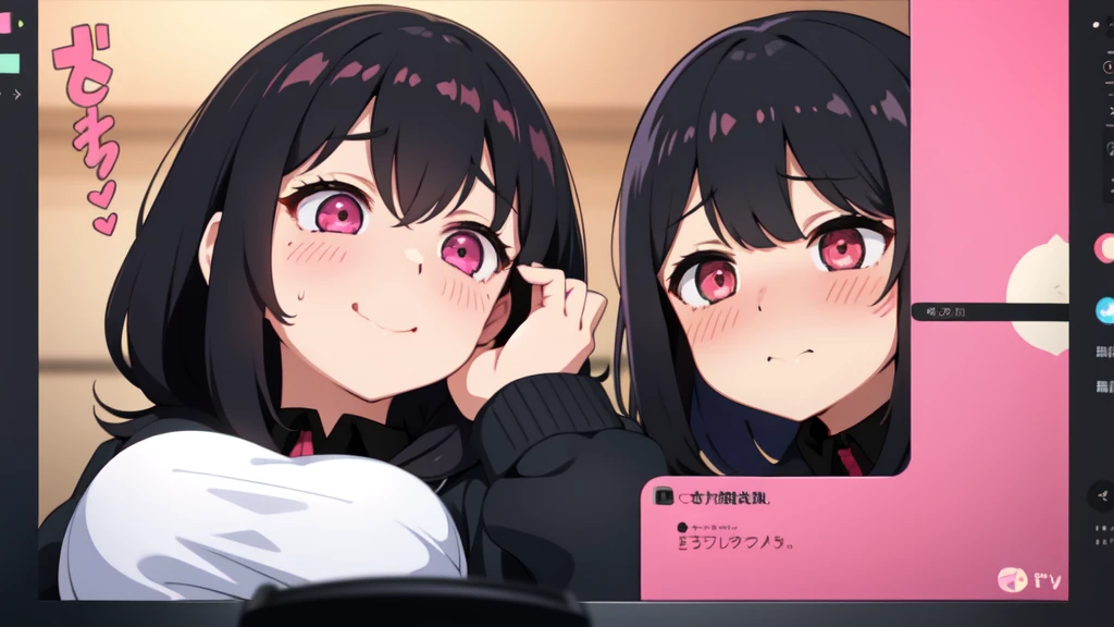 One girl,Black Hair,Pink eyes,(blush:1.1)、Embarrassed face、 ((Heavy breathing:1.3)), like,  smile、Big Breasts、whole body,I'm eating ice cream