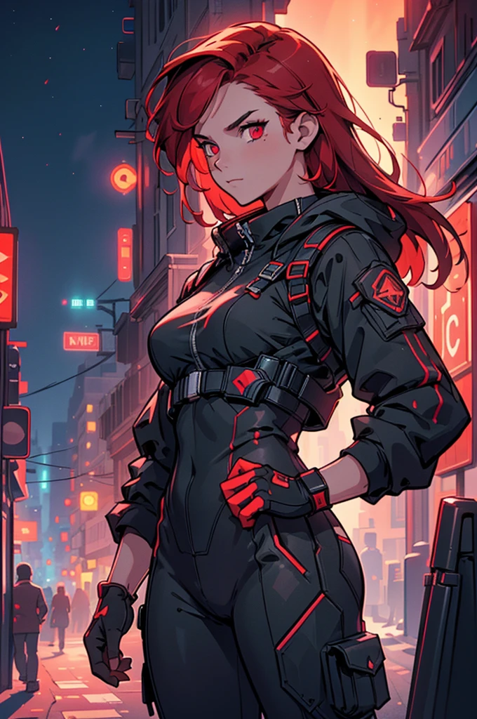 (masterpiece, best quality, detailed face, super detailed, advanced details, highest quality, high resolution, 8K) A cinematographic scene of a serious badass long red hair girl, red eyes, with black techwear clothes, Neon lights and buildings background.