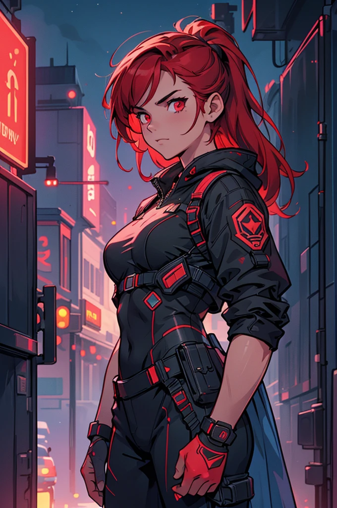 (masterpiece, best quality, detailed face, super detailed, advanced details, highest quality, high resolution, 8K) A cinematographic scene of a serious badass long red hair girl, red eyes, with black techwear clothes, Neon lights and buildings background.