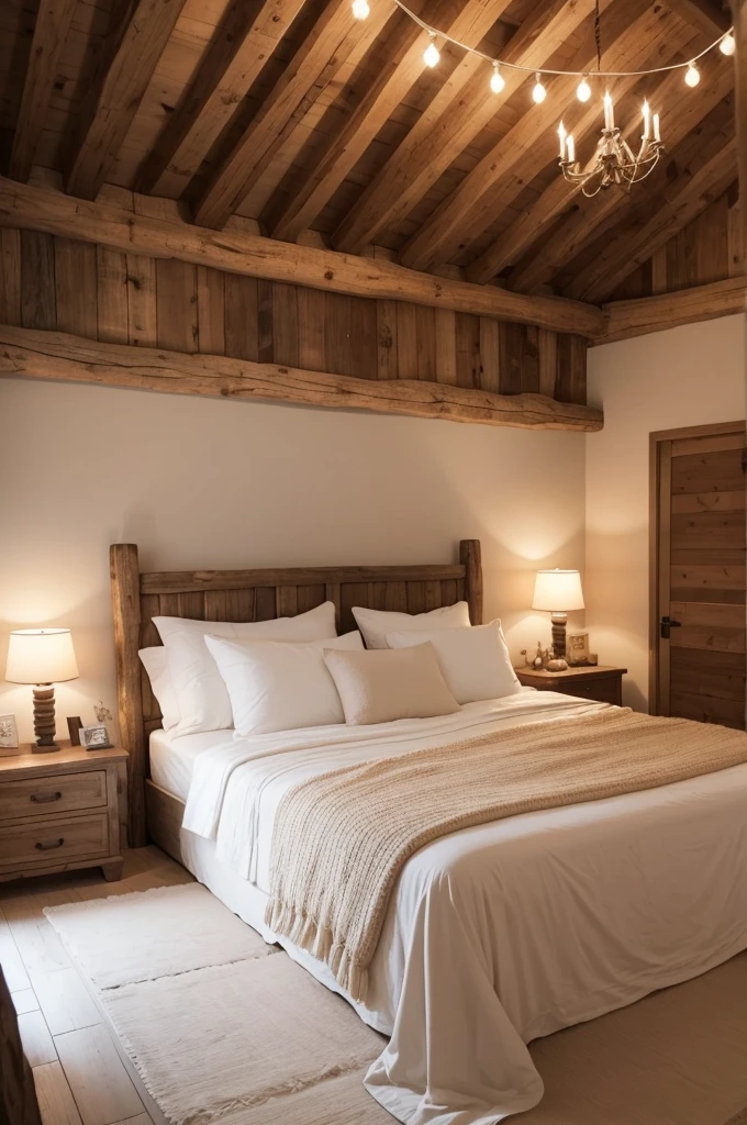 Make a bedroom rustic and cozy with a large wooden bed covered in fluffy white sheets. With candles lit around the room, casting a soft, romantic glow