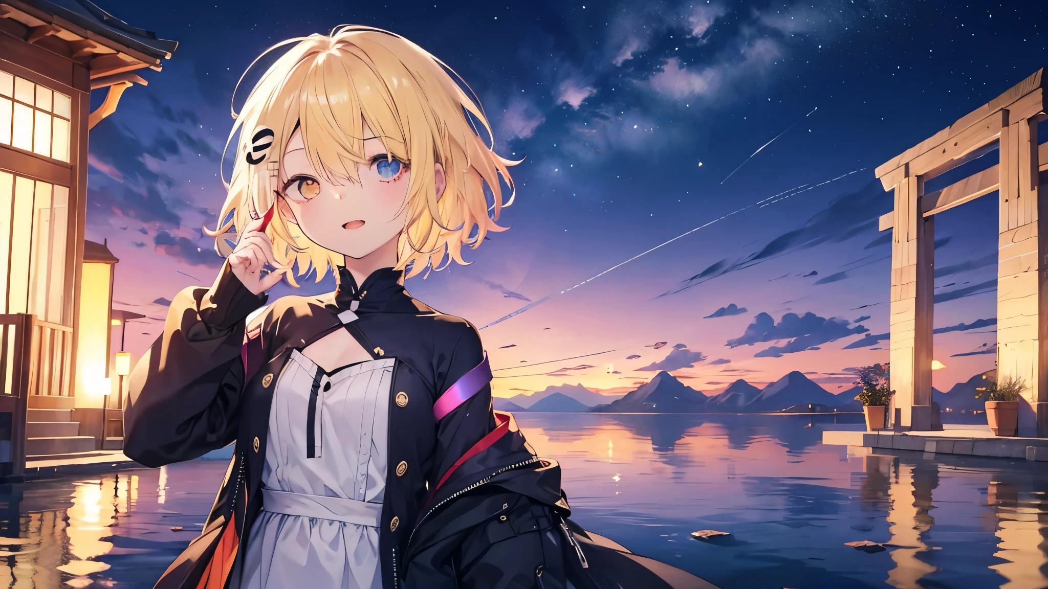 dress, Green Eyes, fine grain、blonde、Multicolored Hair、Inner Color、Wavy Hair、 short hair、28-year-old female、(((((Close one eye)))))、((((yawn)))),((((1 Girl))))、smile、Beautiful night sky、8K background、Medium Chest、whole body、Woman Standing On The Surface of the Lake、Uyuni salt lake、No sleeve、Beautiful fingers