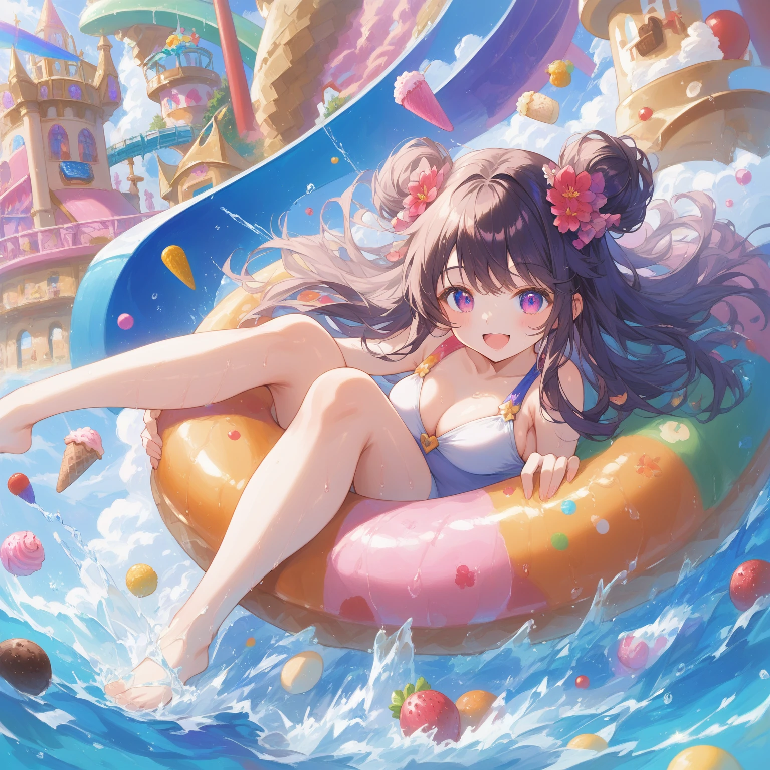 score_9, score_8_up, score_7_up, source_anime,masterpiece, best quality, high resolution, extremely detailed CG, absurdres, highres, A dreamy water playground, all the buildings are made of ice cream, the ice cream castle is colorful, and the girl in swimsuit is sliding down the water slide, very happy, (((vivid color)))