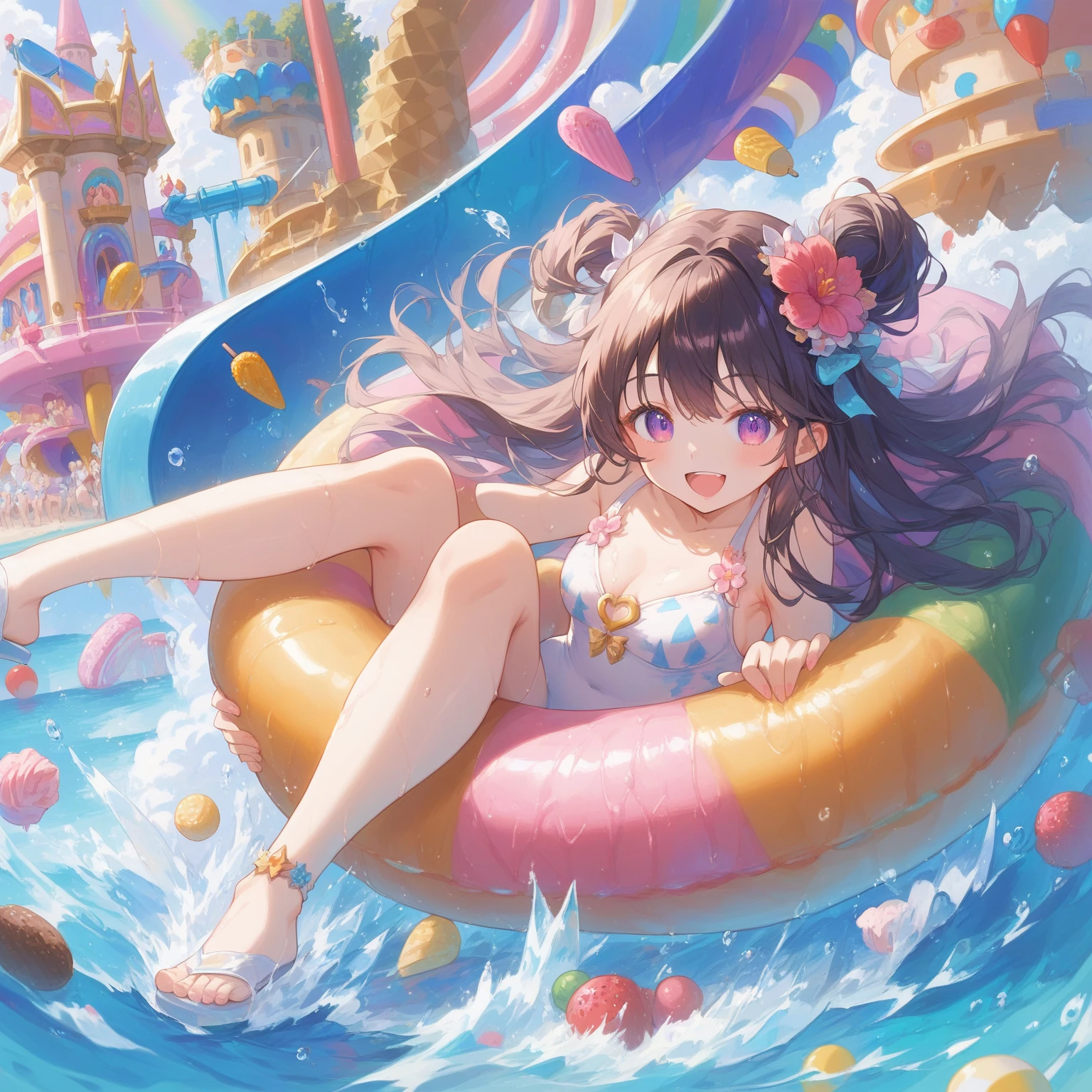 score_9, score_8_up, score_7_up, source_anime,masterpiece, best quality, high resolution, extremely detailed CG, absurdres, highres, A dreamy water playground, all the buildings are made of ice cream, the ice cream castle is colorful, and the girl in swimsuit is sliding down the water slide, very happy, (((vivid color)))