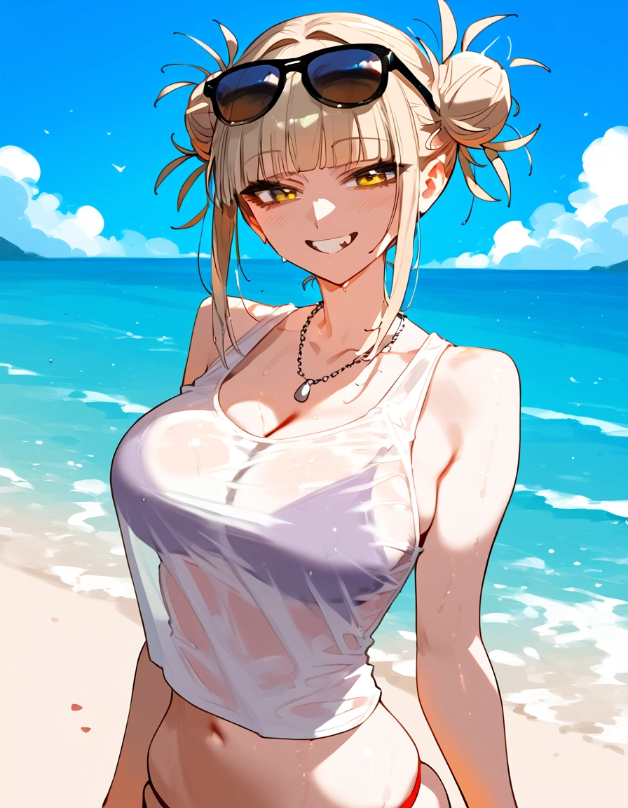 anime artwork, score_9, score_8_up, score_7_up, score_6_up, score_5_up, score_4_up, floox style //////Himiko toga, big breasts, she is 24 years old, style_3, , wearing only shirt, wet shirt, tank top, , naked, sunglasses, yellow eyes, solo, bikini under clothes, smile, beach