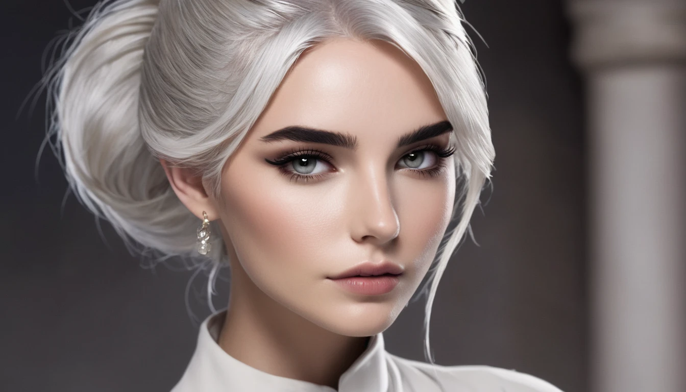 Foera's skin is light brown and her eyes are silver. She has white hair and wears it in a bun. She has a pointed chin and wears gothic eyeliner. Silver goldsmith background and environment