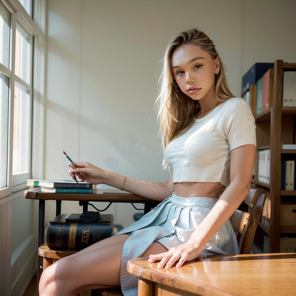 Realistic photo of a beautiful 18 year old (((ALEXIS-REN))), (best quality,ultra-detailed,realistic:1.2),beautiful detailed eyes,beautiful detailed lips, blonde hair, student, classroom, learning, standing near a desk, books, teacher, pencil, school girl skirt outfit