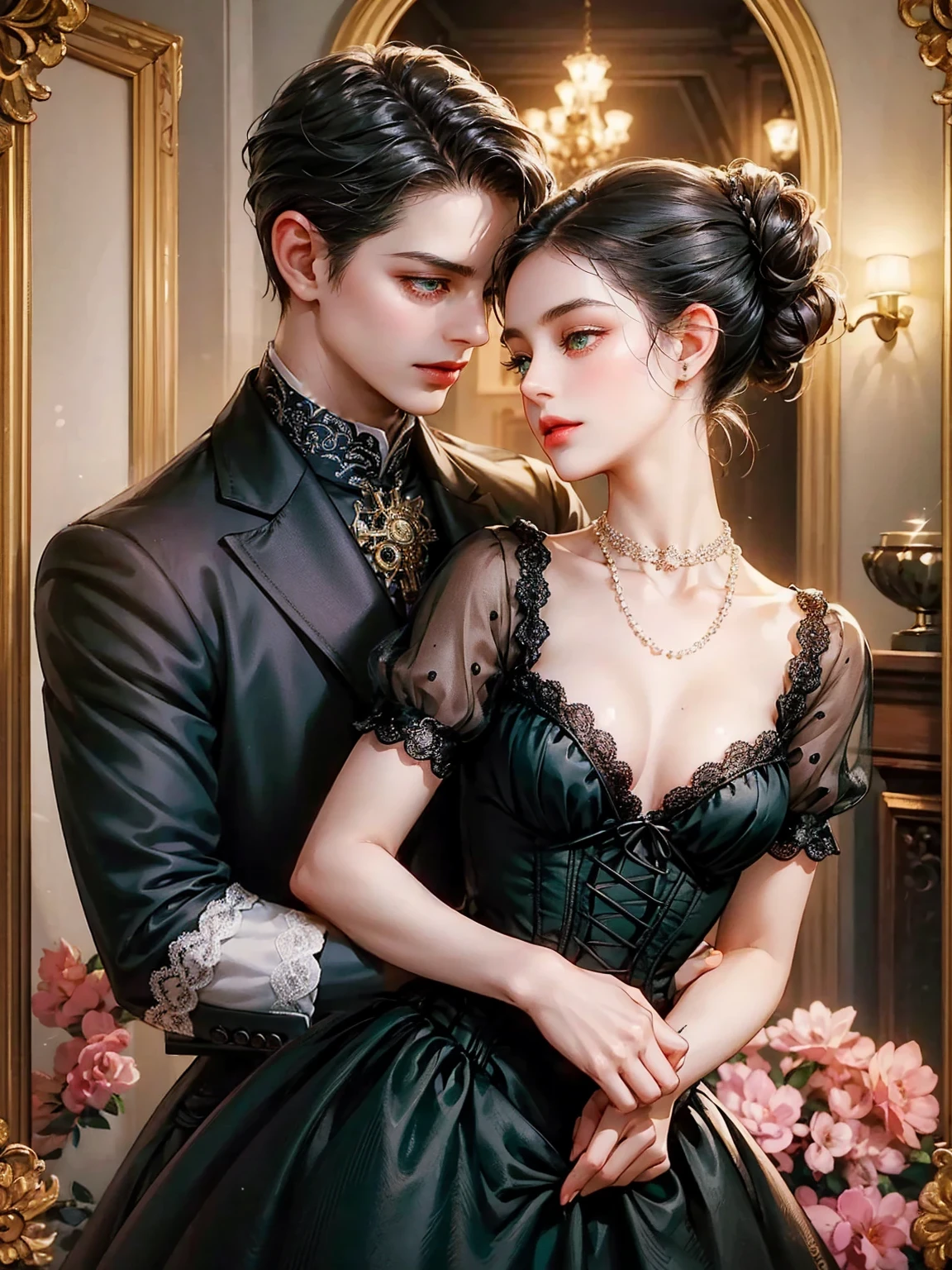 The boy wears a Victorian-era man's suit. He hugs the girl