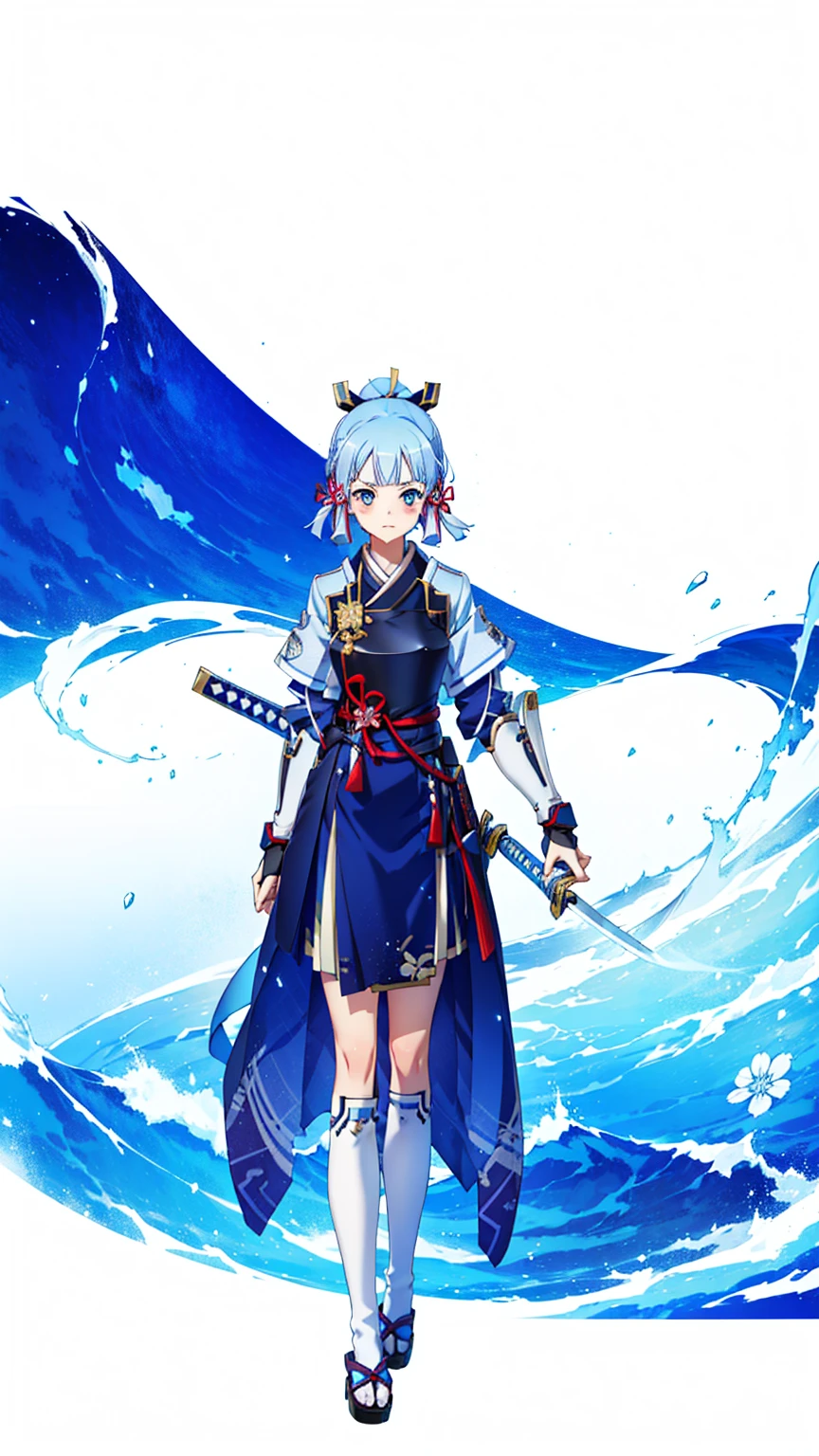 View the viewer, 1 Girl,  Highest quality, Blue Hair, blue eyes, Japanese style armor, Sword in hand, electricity, kamisato ayaka, whole body, blush, Serious face、Very detailed、high resolution、High resolution、Written boundary depth,White Background,A sword as big as your body