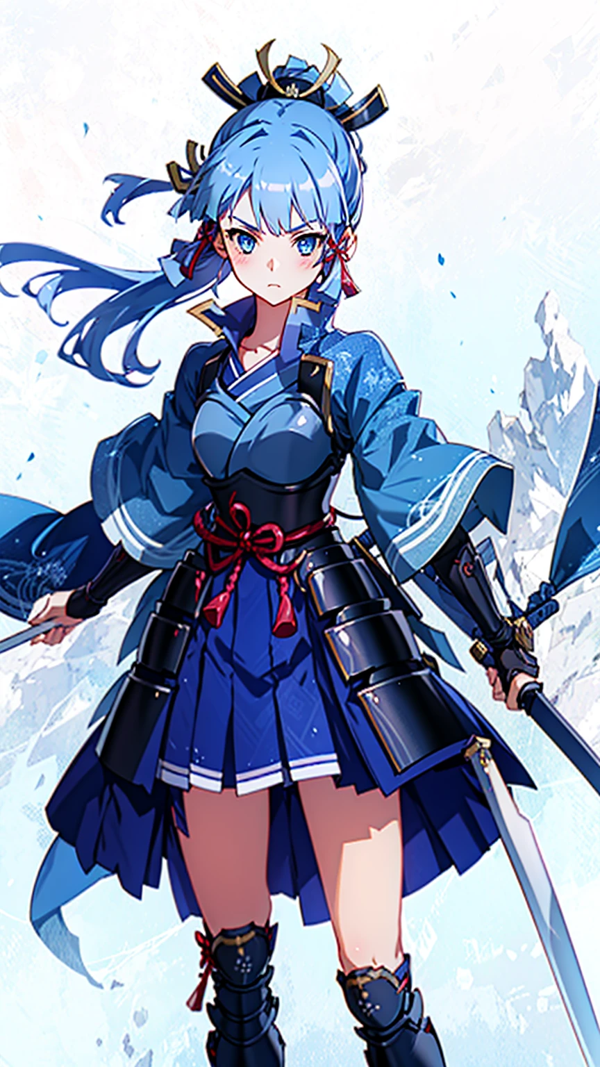 View the viewer, 1 Girl,  Highest quality, Blue Hair, blue eyes, Japanese style armor, Sword in hand, electricity, kamisato ayaka, whole body, blush, Serious face、Very detailed、high resolution、High resolution、Written boundary depth,White Background,A sword as big as your body