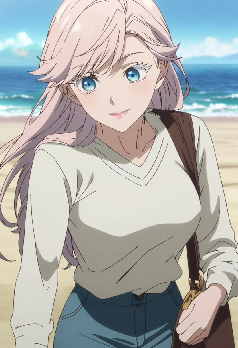 1girl, female gojo satoru, anime screencap from jujutsu kaisen, gojo satoru female version, solo, long_hair, blue eyes, ((white eyelashes)), ((white_hair)), beach view, ocean in background, breasts, upper_body, smile, swept bangs, blue_eyes, lips, (swept bangs) ((sweater shirt, long sleeve, v neck, cream colour shirt, trousers, jean trousers, 1 hand bag)) "very detailed and high resolution" (blue eyes) ((long hair)) ((solo)) ((high resolution)) ((full body)) ((Good quality)) ((high-resolution)) ((best quality)) ((animw screen cap))