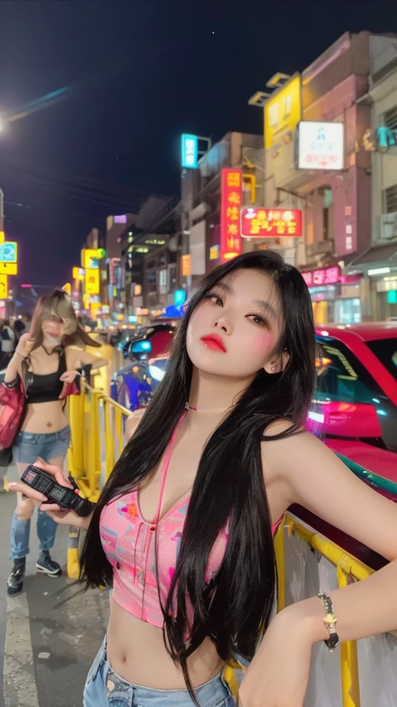 woman standing on a city street at night with a mini camera, at night with neon lights, asian girl with long hair, neon lights in the background, neon city in the background, 8k selfie photograph
