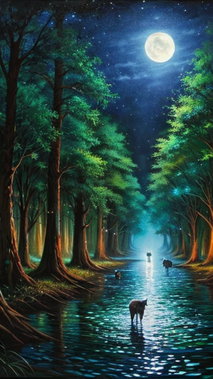 In the Dark、moonlight、Ancient Forest、Dark Forest、Night Forest、Deep in the forest、Timberwolves、Wolf pack、Four-legged beast、Waterfront、A town swallowed by the forest, wild nature oil painting