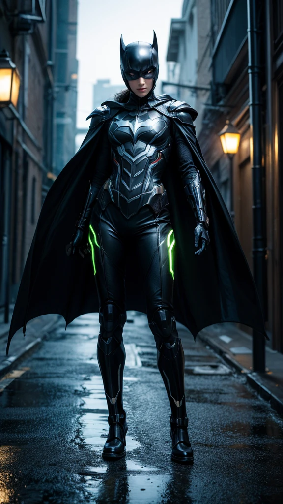create an image of a superhero called scarlet with a black emerald with a costume similar to black panther and batman with nanorobots like iron man