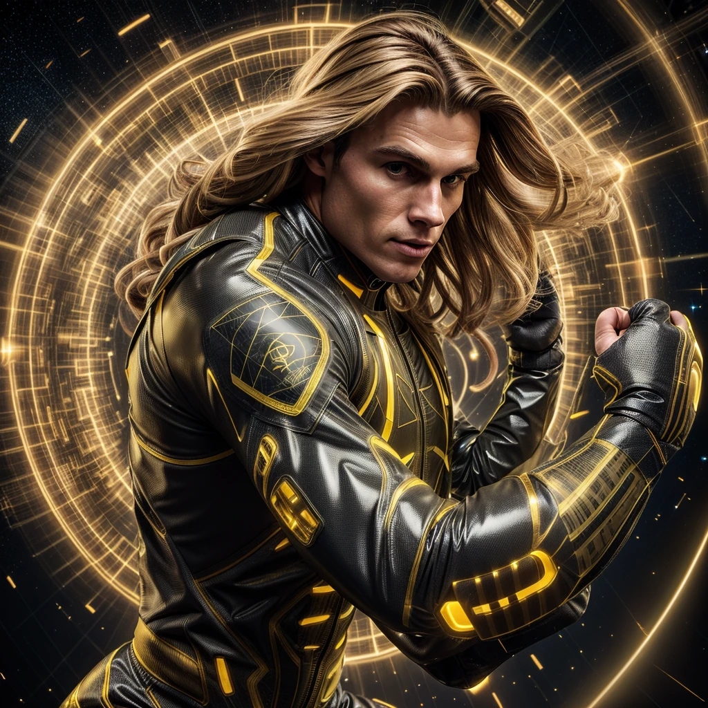 A muscled young beauty man wearing dark gray latex with brilliant yellow hologram ancient unknown characters projected by the suit on the air around him. He has a very long blonde and golden hair. Ultrarealistic Art in 4k. He IS running on a speed light and left behind him E=MC2 and 299 792 458 floating on the air.