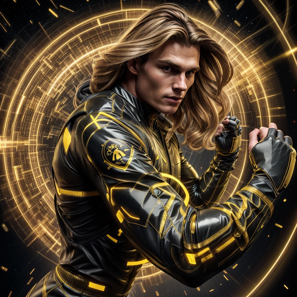 A muscled young beauty man wearing dark gray latex with brilliant yellow hologram ancient unknown characters projected by the suit on the air around him. He has a very long blonde and golden hair. Ultrarealistic Art in 4k. He IS running on a speed light and left behind him E=MC2 and 299 792 458 floating on the air.