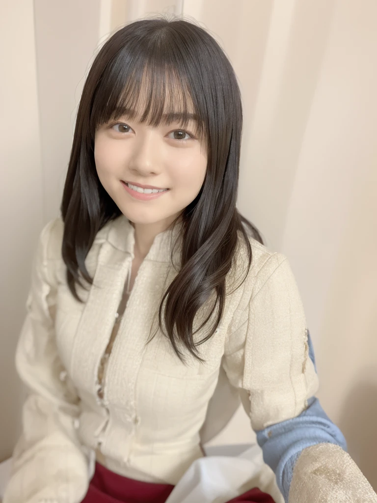 masterpiece、(Highest quality:1.5)、(16k wallpaper:1.2)、(Photorealistic:1.2)、(Ultra-detailed:1.2)、Surreal、High resolution、Realistic、Highly detailed face、Sharp focus、(Sharp focus:1.2)、Bright light、(Improvement of quality:1.4)、Anatomically correct body、There is one woman、Japanese、Asian、Realistic Skin、(Pretty woman with perfect figure:1.4)、(from the front:1.5)、(Enhances the beauty of skin texture:1.2)、Beautiful fine details、Beautiful realistic face、Plump Cheeks、Beautiful black hair、The best smile、Natural color lip、Even bangs、18-year-old female、Brown Eyes、Loose and fluffy bob perm、No makeup、Drooping eye corners、Post-processing、