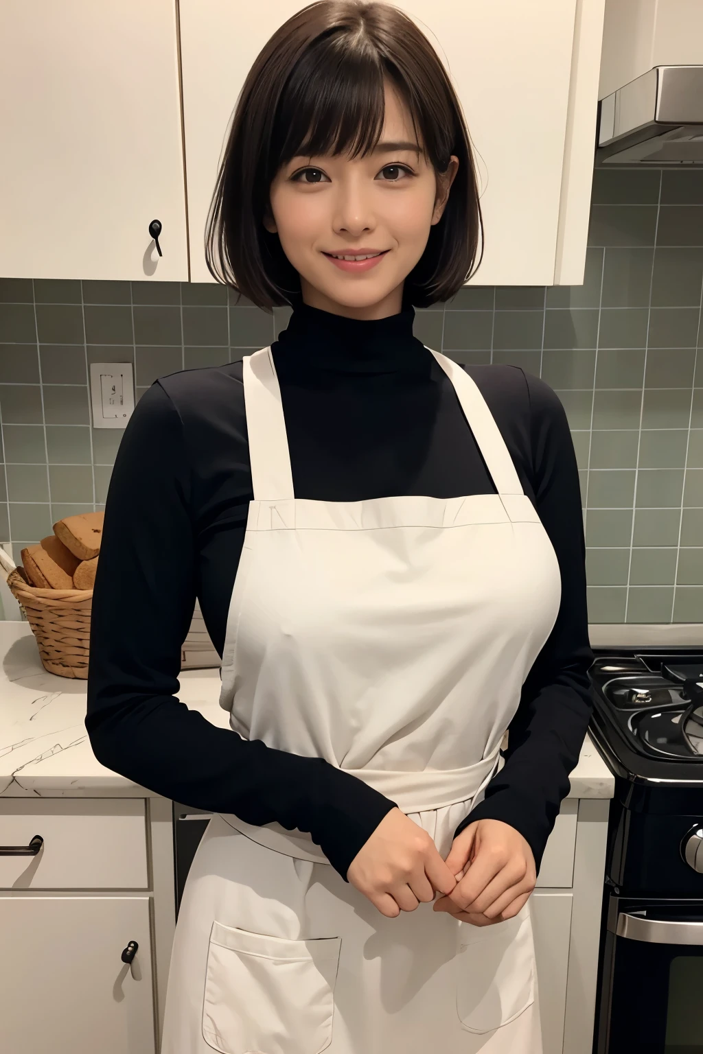 Browsing Caution:1.1、Active women, smile、Age: 40 years old, Mature Woman, Bake cookies in a sunny kitchen, Surrounded by flour, Stir the bowl,Japanese、Black long sleeve turtleneck、Huge breasts 、short hair、Black-haired、Wearing a white apron、、((Super tight clothes))、(blunt bangs)