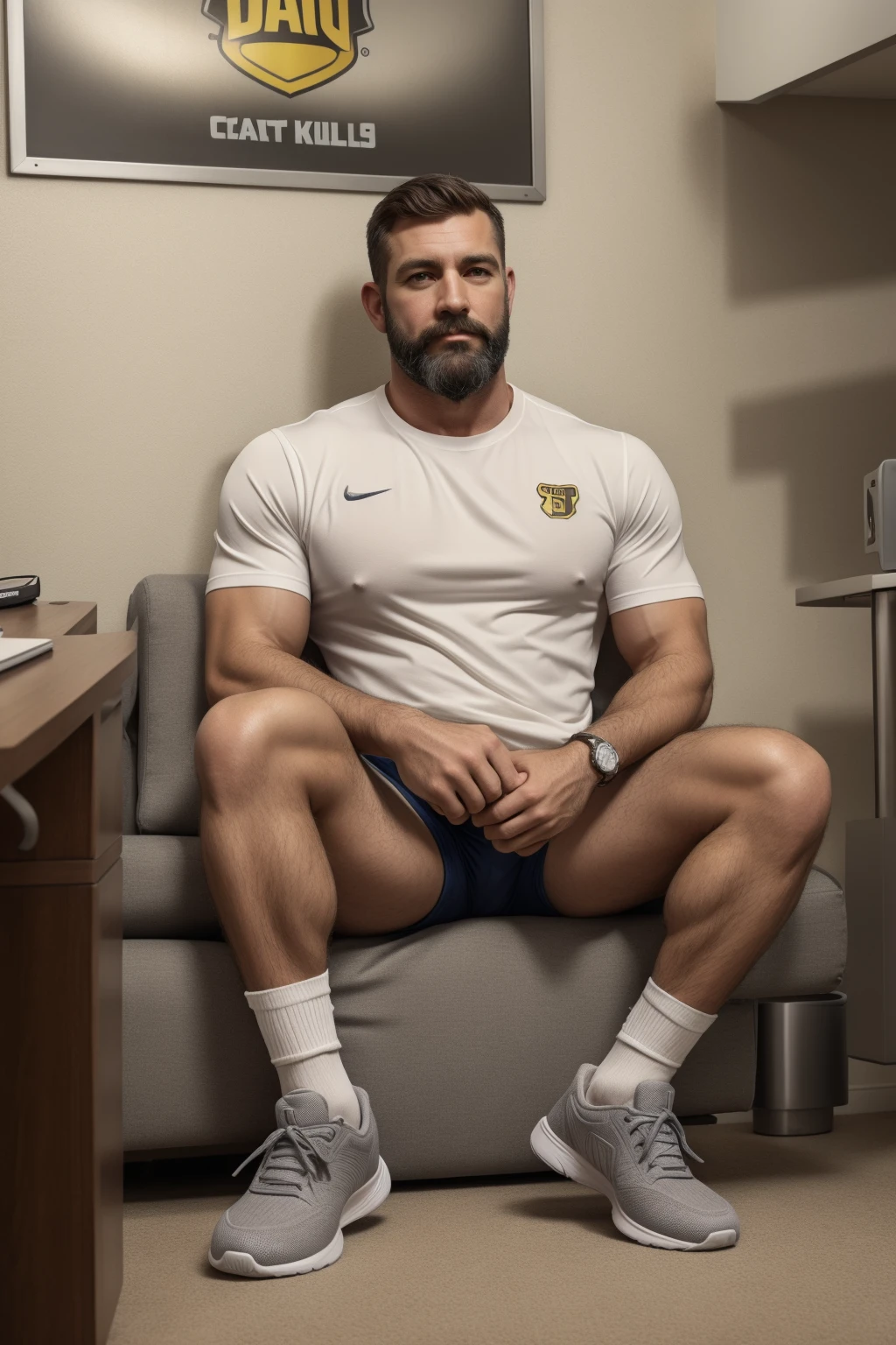 Very Realistic High Best Quality, real detailed, real sexy handsome muscle bear dilf, real very hairy bearded, unkempt, real hairy arms and legs, real gray fur, real dilf trainer, real sneakers, real white socks, real calves, real office environment, real office desk, relaxing, real sofa, real pubis, real bulge, real daddy, very real hairy, real thick beard, real big White daddy bear man, real Proportionate body, real best legs, real neck lines, real detailed neck, real detailed face, real detailed eyes, real detailed lips, real detailed arms, real detailed legs, real detailed knees, real detailed fingers, real detailed elbows, real detailed shoulders, real detailed body, real detailed hair, real detailed beard, real detailed mustache, woolly fur, real Haircut, real football coach, real whole body, real best shoes, real high quality, real detailed sneakers, real venous , real small town dad, real professional dilf, pervert trainer, yellow team colors, team colors
