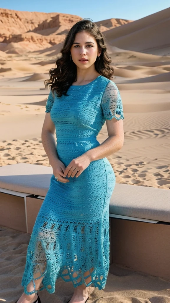 Chubby woman in a crochet midi dress sitting on a bench in the desert, Retrato de Sophie Mudd, Foto retrato 8K suave, graceful woman curvy medium body, 33 years old with medium length wavy black hair. sensual, suave e intrincado, ethereal beauty, close-up meio corpo, modelo jovem bonita, Anna Nikonova, also known as Newmilky, close up corpo disparado, mulher jovem sensual, belo rosto delicado, na areia, seios grandes, vestido caindo, Fotografia Glamourosa 4K